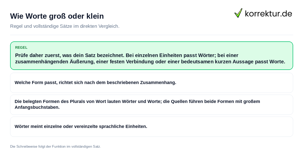 Konkrete Regel und vollständige Beispielsätze zu Wie Worte groß oder klein