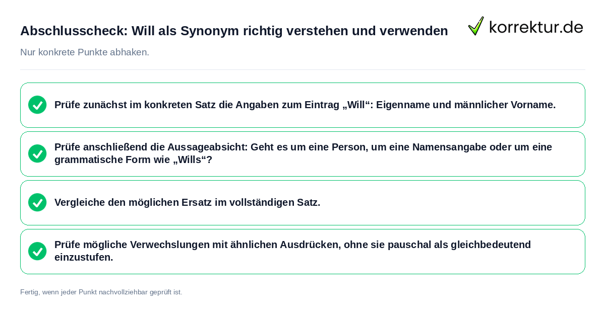 Konkreter Abschlusscheck zu Will als Synonym richtig verstehen und verwenden