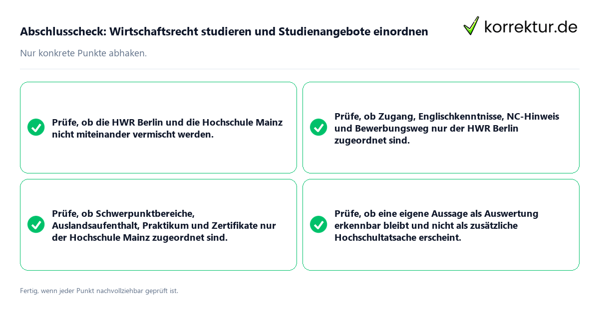 Konkreter Abschlusscheck zu Wirtschaftsrecht studieren und Studienangebote einordnen