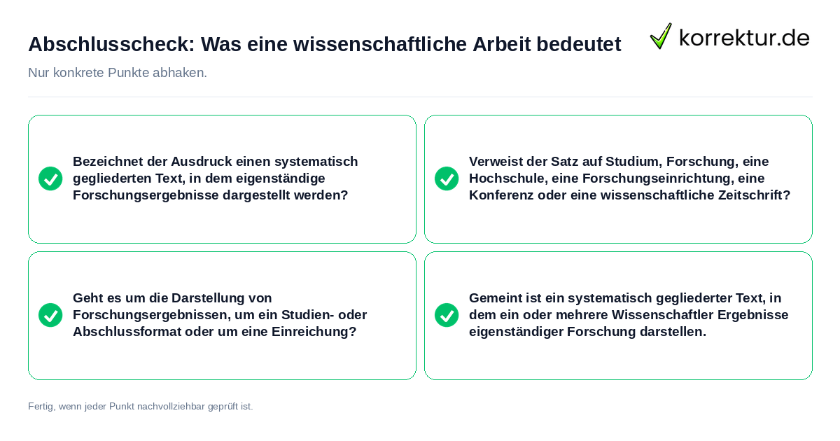 Konkreter Abschlusscheck zu Was eine wissenschaftliche Arbeit bedeutet