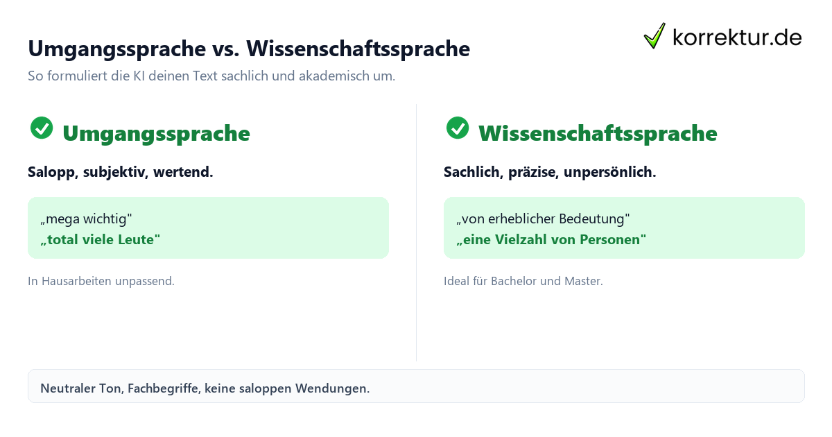 Text wissenschaftlich formulieren mit KI online: Umgangssprache vs. Wissenschaftssprache