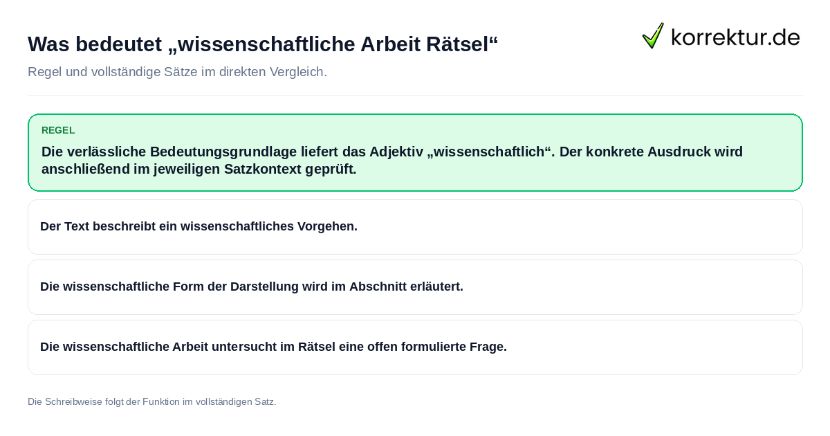 Konkrete Regel und vollständige Beispielsätze zu Was bedeutet „wissenschaftliche Arbeit Rätsel“
