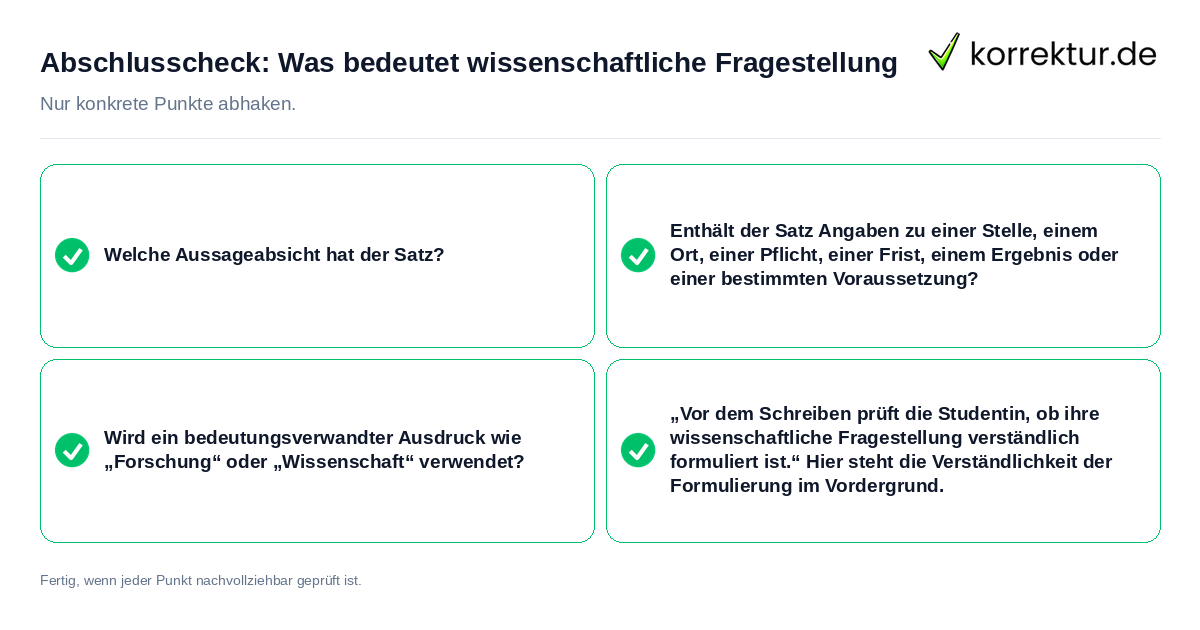 Konkreter Abschlusscheck zu Was bedeutet wissenschaftliche Fragestellung