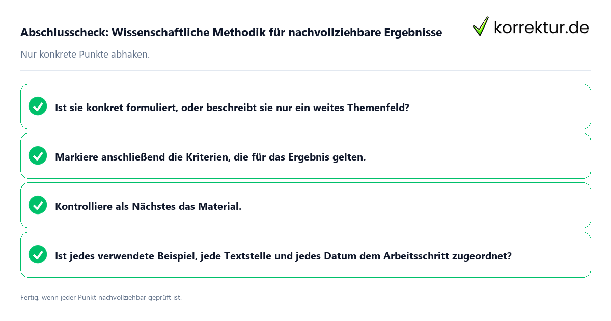 Konkreter Abschlusscheck zu Wissenschaftliche Methodik für nachvollziehbare Ergebnisse