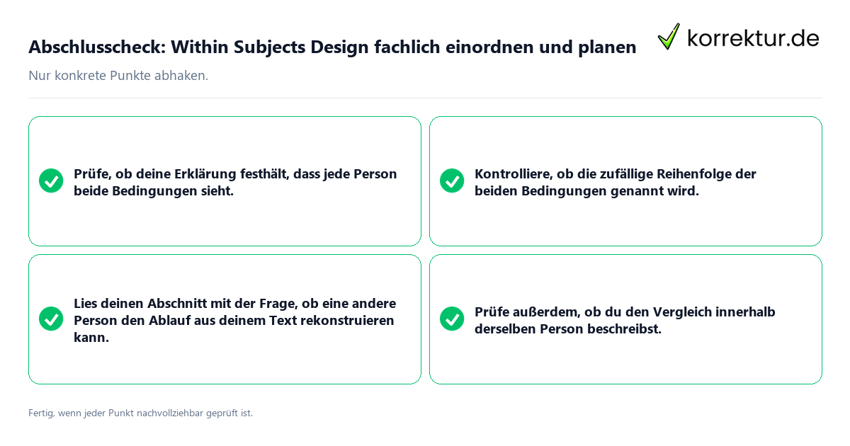 Konkreter Abschlusscheck zu Within Subjects Design fachlich einordnen und planen
