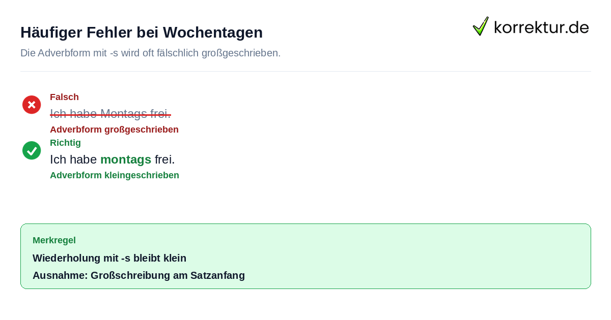 Häufiger Fehler bei Wochentagen Wochentage groß oder klein: Korrektur von Montags zu montags im Satz