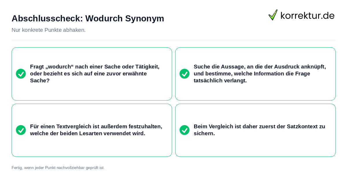 Abschlusscheck: Wodurch Synonym Konkreter Abschlusscheck zu Wodurch Synonym