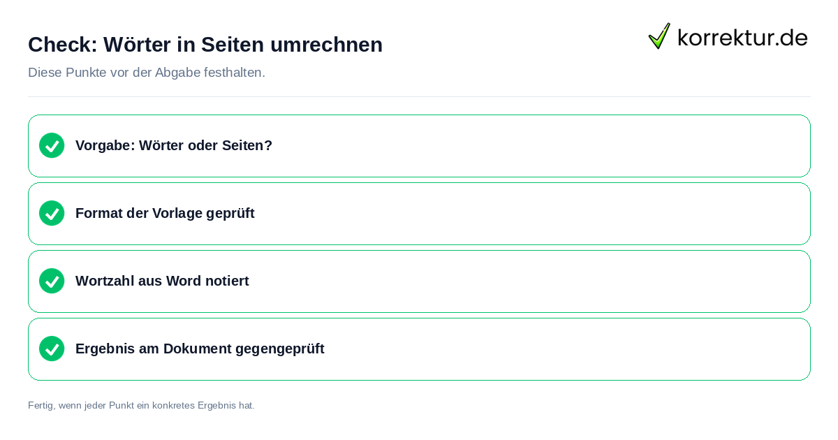 Wörter in Seiten umrechnen: Prüfliste mit vier Punkten