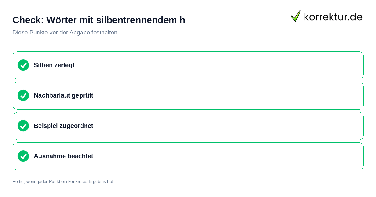 Wörter mit silbentrennendem h: Prüfliste mit vier Punkten