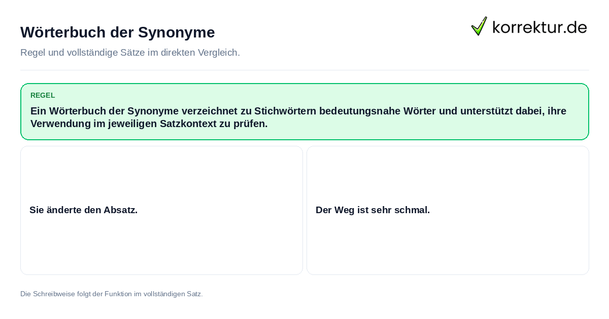 Wörterbuch der Synonyme Konkrete Regel und vollständige Beispielsätze zu Wörterbuch der Synonyme