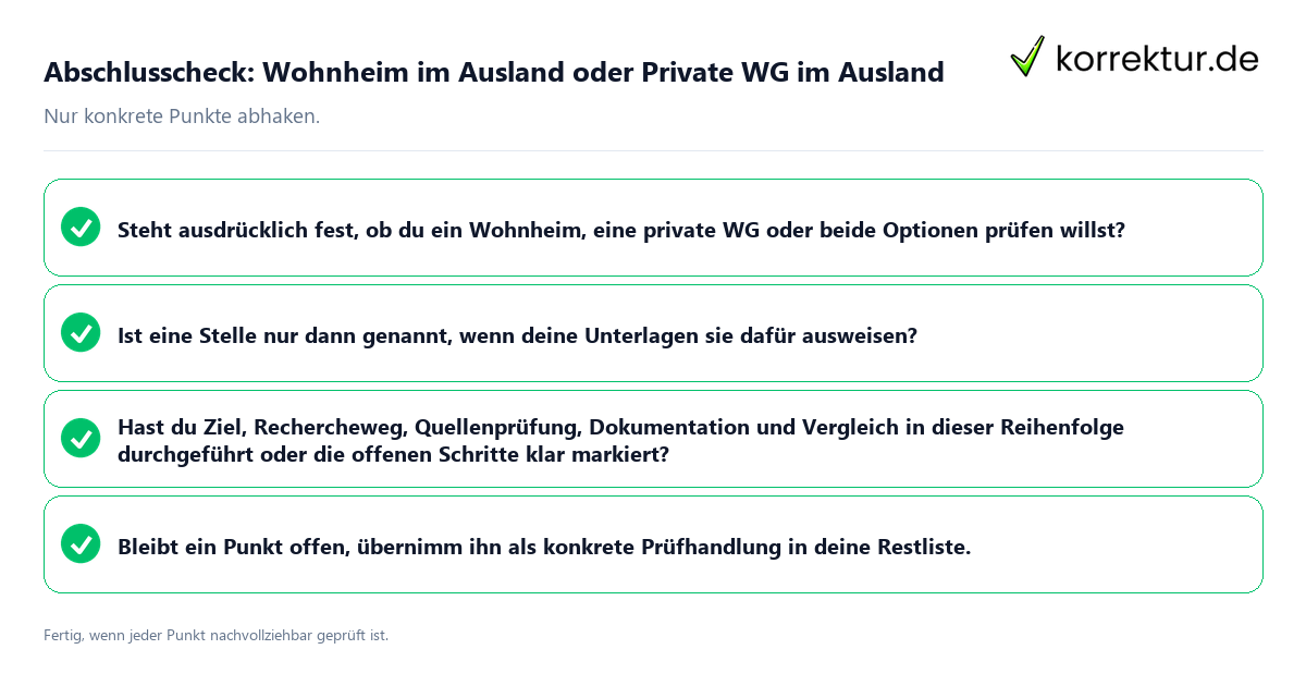 Konkreter Abschlusscheck zu Wohnheim im Ausland oder Private WG im Ausland
