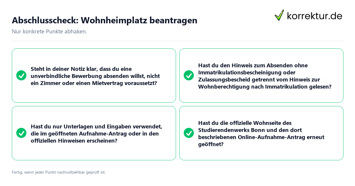 Abschlusscheck: Wohnheimplatz beantragen Konkreter Abschlusscheck zu Wohnheimplatz beantragen