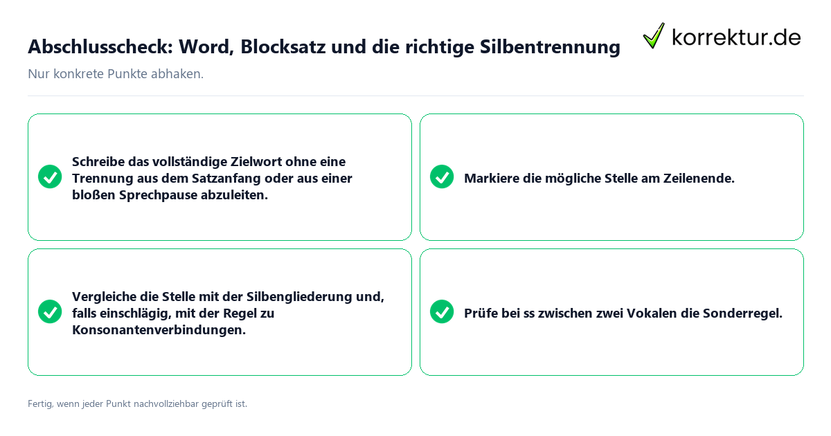 Abschlusscheck: Word, Blocksatz und die richtige Silbentrennung Konkreter Abschlusscheck zu Word, Blocksatz und die richtige Silbentrennung