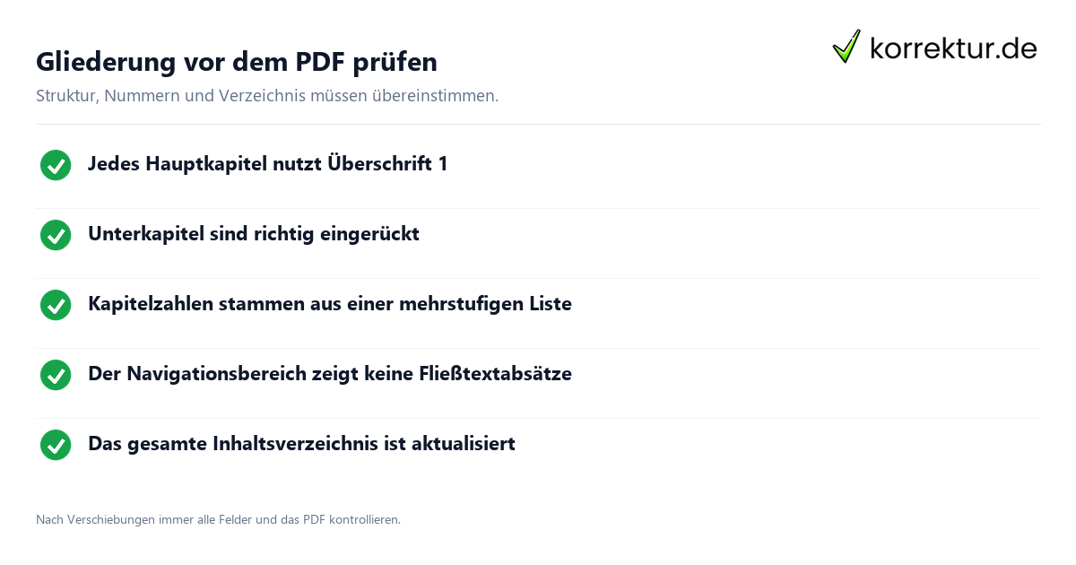 Gliederung vor dem PDF prüfen Word Gliederung prüfen: Abgabe-Check