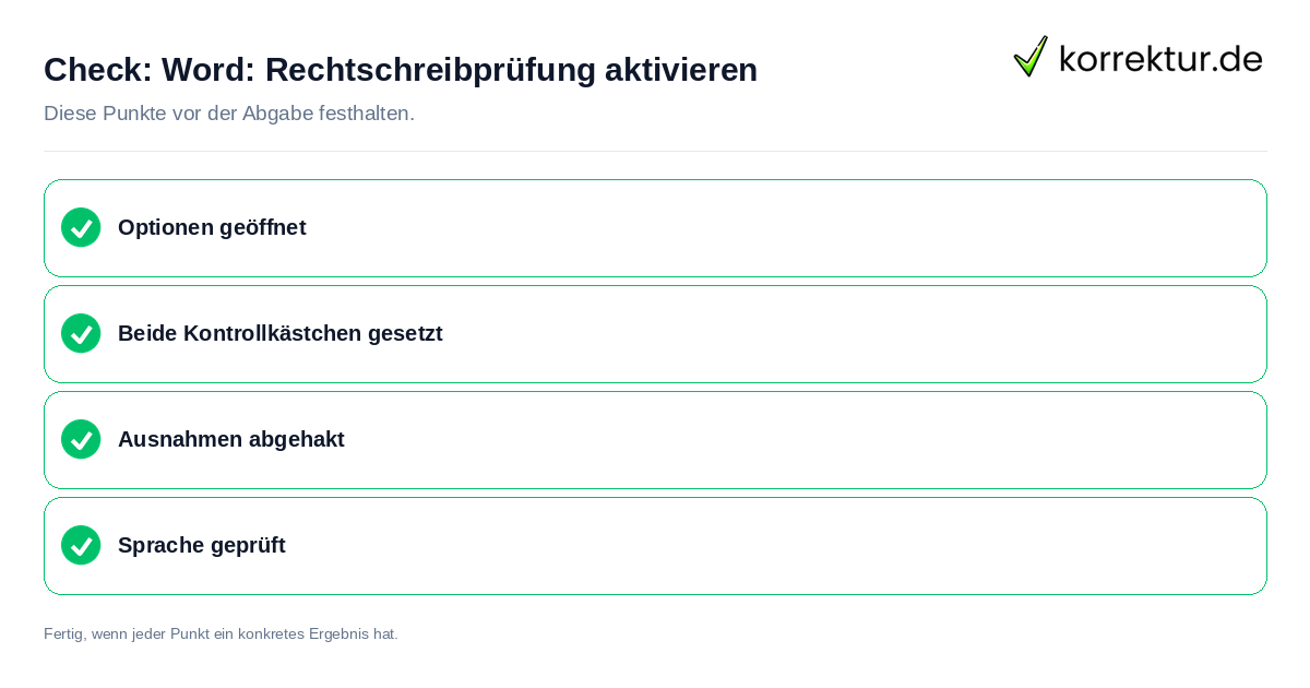 Word: Rechtschreibprüfung aktivieren: Prüfliste mit vier Punkten