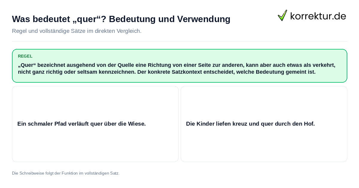 Konkrete Regel und vollständige Beispielsätze zu Was bedeutet „quer“? Bedeutung und Verwendung