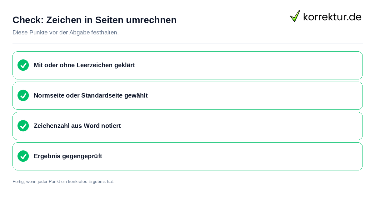 Zeichen in Seiten umrechnen: Prüfliste mit vier Punkten