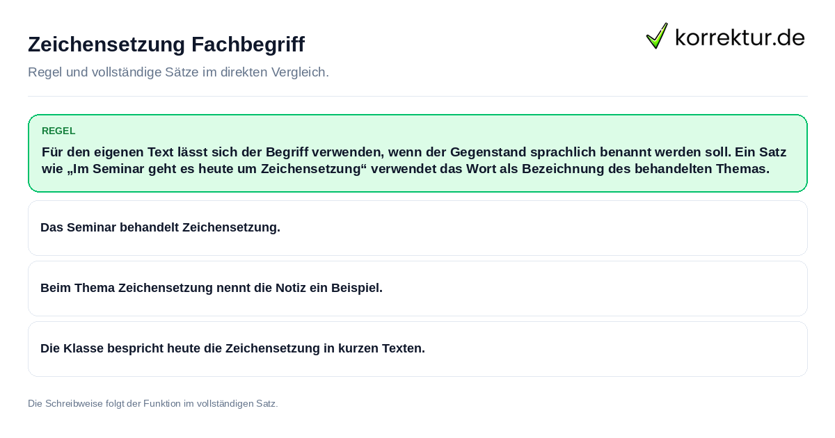 Konkrete Regel und vollständige Beispielsätze zu Zeichensetzung Fachbegriff