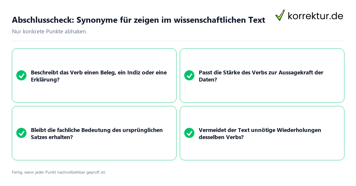 Konkreter Abschlusscheck zu Synonyme für zeigen im wissenschaftlichen Text