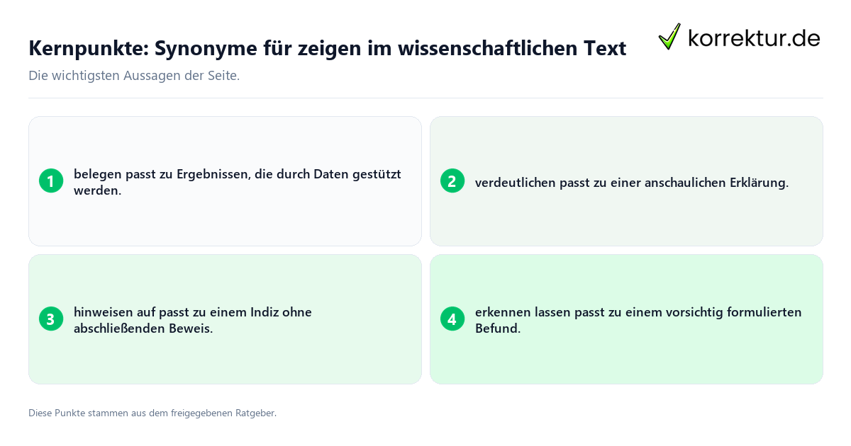 Konkrete Kernpunkte zu Synonyme für zeigen im wissenschaftlichen Text