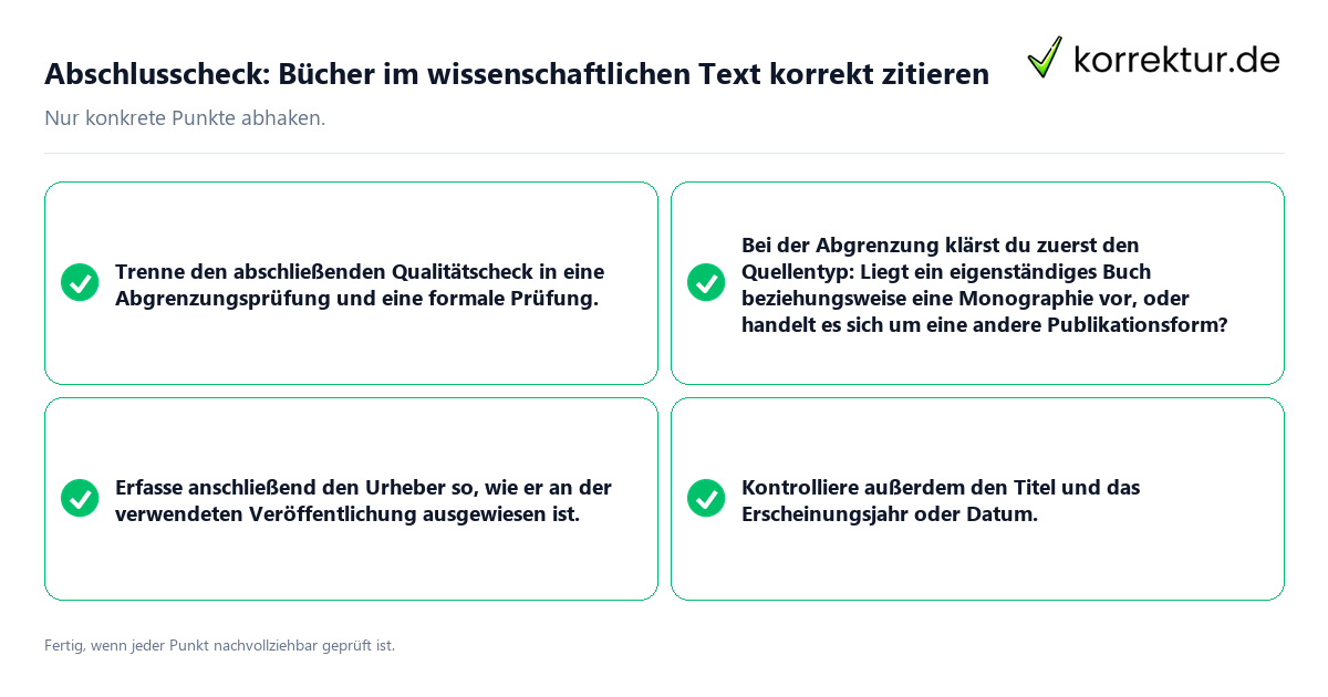 Abschlusscheck: Bücher im wissenschaftlichen Text korrekt zitieren Konkreter Abschlusscheck zu Bücher im wissenschaftlichen Text korrekt zitieren