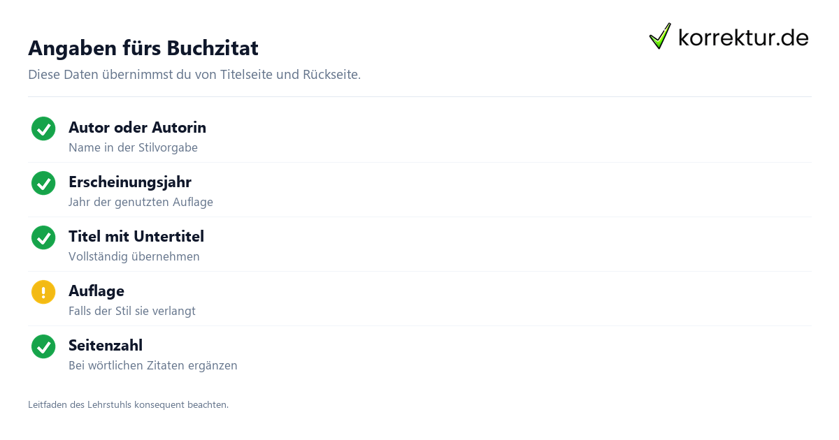 Angaben fürs Buchzitat Buch zitieren im Text und im Literaturverzeichnis, Angaben prüfen