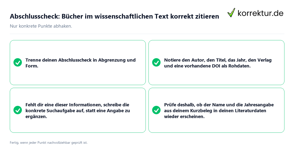 Abschlusscheck: Bücher im wissenschaftlichen Text korrekt zitieren Konkreter Abschlusscheck zu Bücher im wissenschaftlichen Text korrekt zitieren