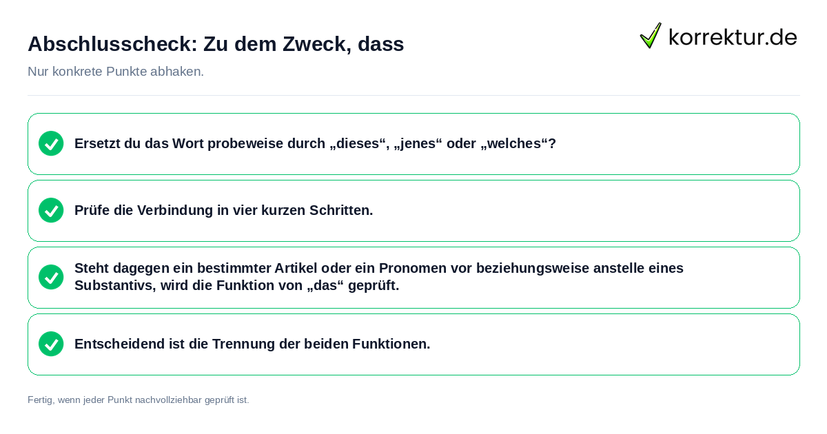 Abschlusscheck: Zu dem Zweck, dass Konkreter Abschlusscheck zu Zu dem Zweck, dass