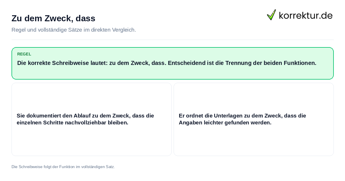 Zu dem Zweck, dass Konkrete Regel und vollständige Beispielsätze zu Zu dem Zweck, dass