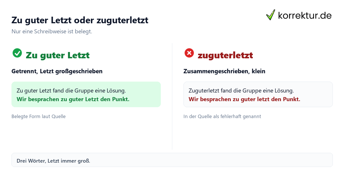 Zu guter Letzt oder zuguterletzt Zu guter Letzt richtig schreiben: getrennt und Letzt groß
