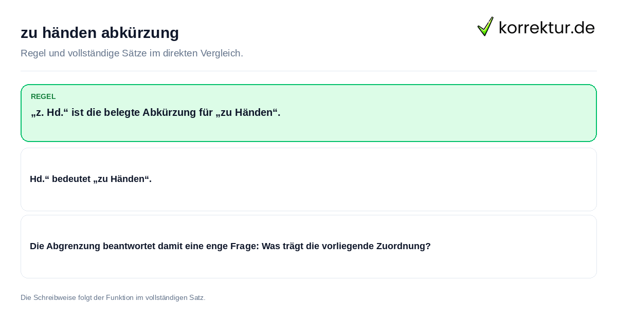 Konkrete Regel und vollständige Beispielsätze zu zu händen abkürzung