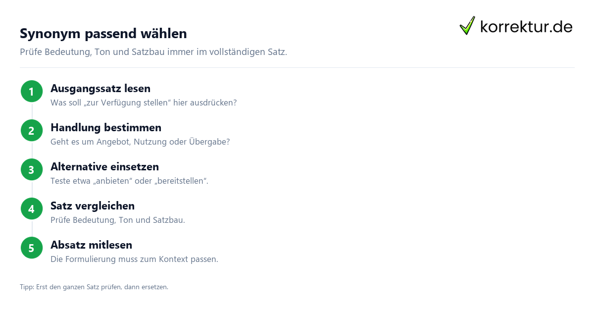 Synonym passend wählen Das passende Synonym für „zur Verfügung stellen“ finden: Bedeutung prüfen
