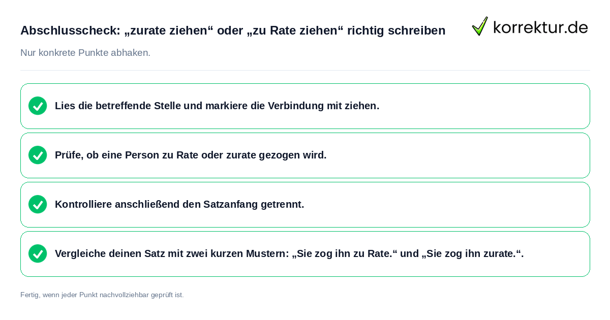 Konkreter Abschlusscheck zu „zurate ziehen“ oder „zu Rate ziehen“ richtig schreiben