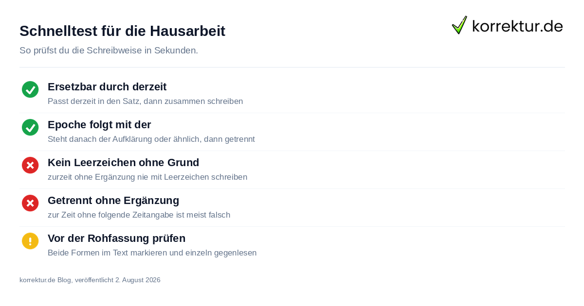Schnelltest für die Hausarbeit Checkliste: Zurzeit oder zur Zeit korrekt anwenden