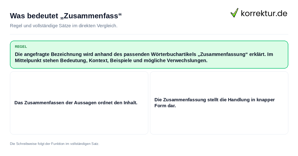 Konkrete Regel und vollständige Beispielsätze zu Was bedeutet „Zusammenfass“