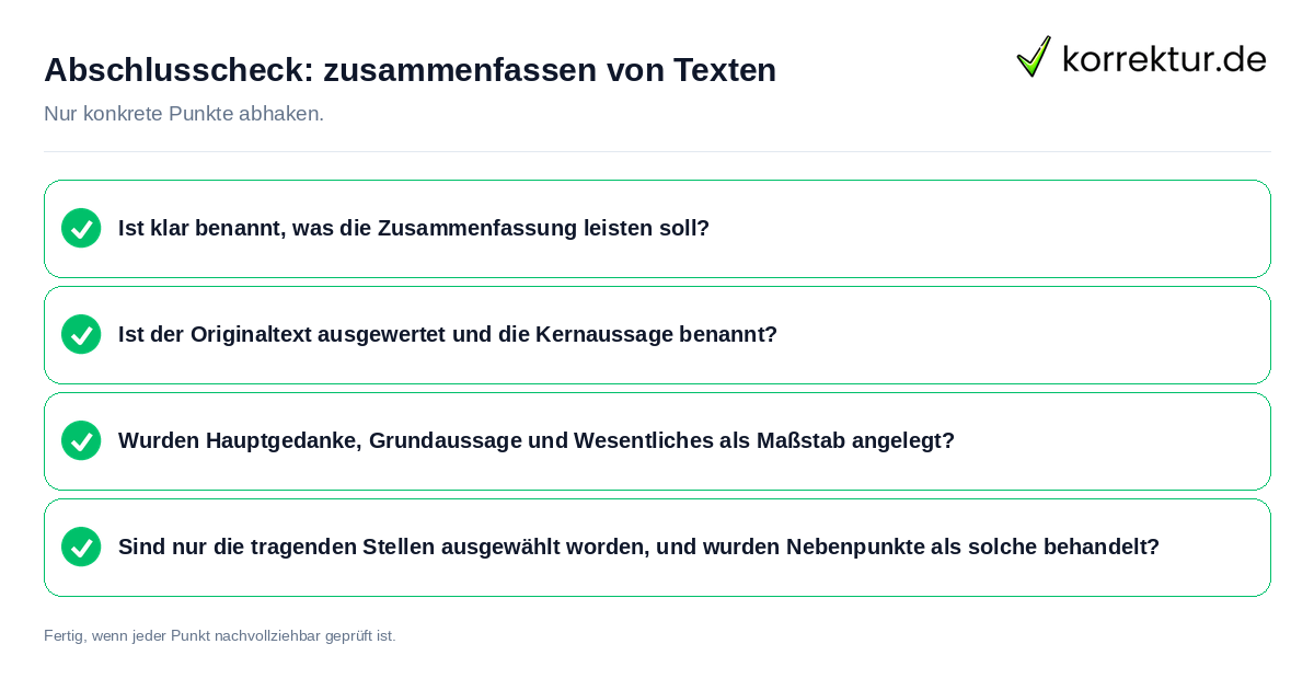 Konkreter Abschlusscheck zu zusammenfassen von Texten