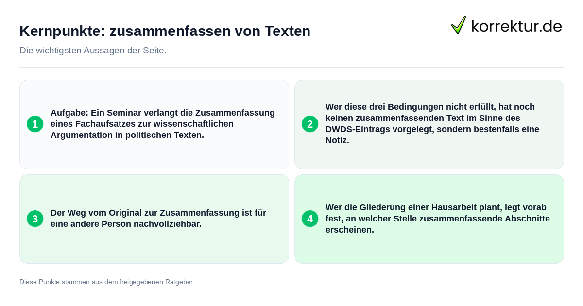 Konkrete Kernpunkte zu zusammenfassen von Texten