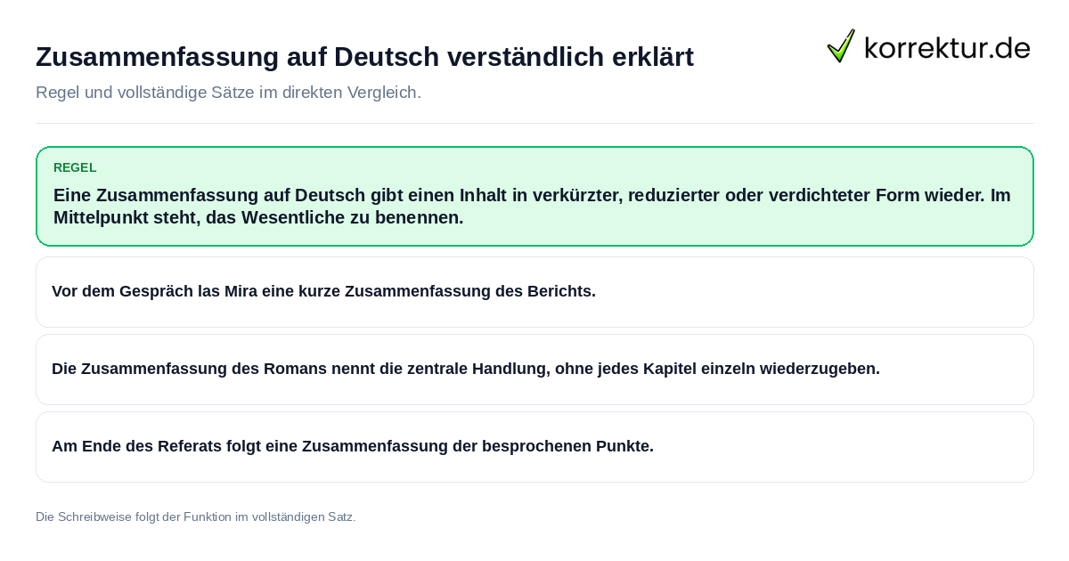 Konkrete Regel und vollständige Beispielsätze zu Zusammenfassung auf Deutsch verständlich erklärt