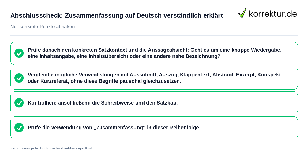 Konkreter Abschlusscheck zu Zusammenfassung auf Deutsch verständlich erklärt