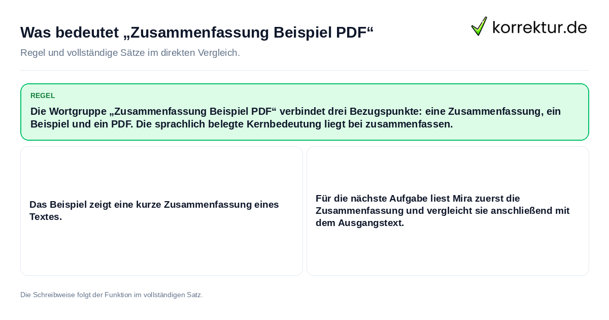 Konkrete Regel und vollständige Beispielsätze zu Was bedeutet „Zusammenfassung Beispiel PDF“