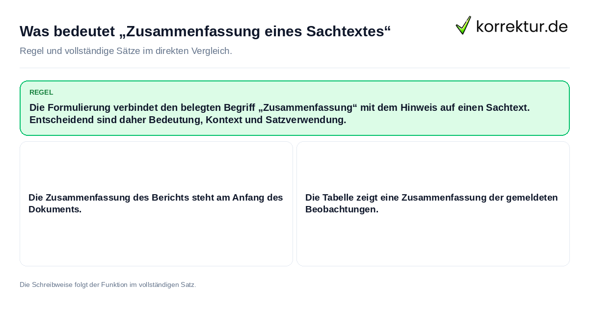 Was bedeutet „Zusammenfassung eines Sachtextes“ Konkrete Regel und vollständige Beispielsätze zu Was bedeutet „Zusammenfassung eines Sachtextes“