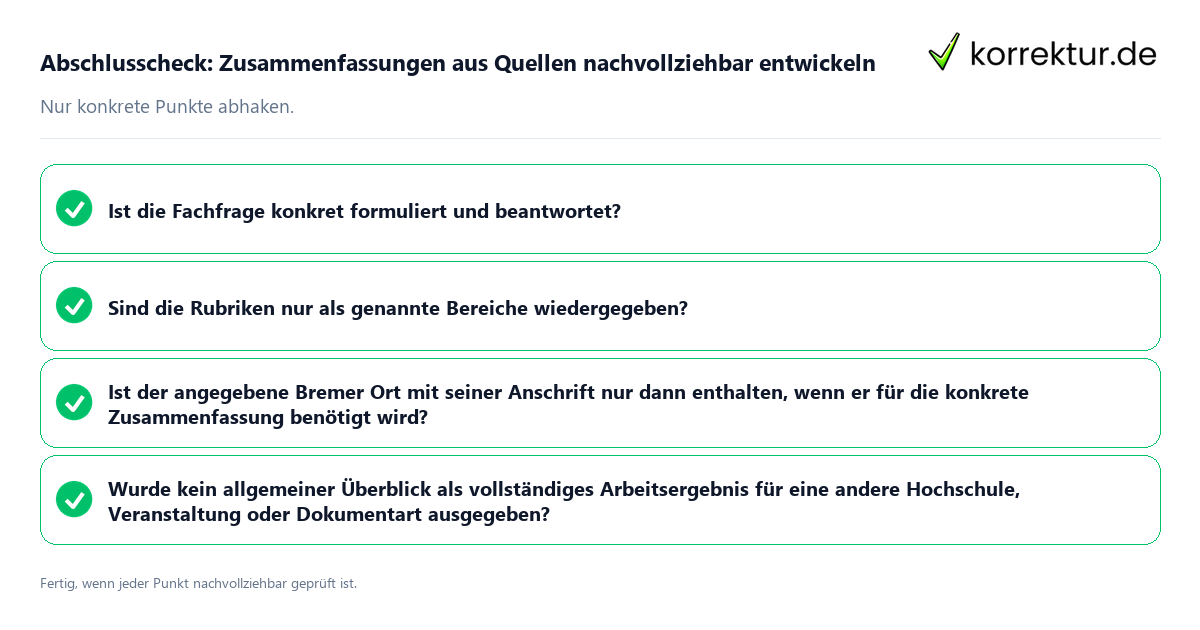 Abschlusscheck: Zusammenfassungen aus Quellen nachvollziehbar entwickeln Konkreter Abschlusscheck zu Zusammenfassungen aus Quellen nachvollziehbar entwickeln