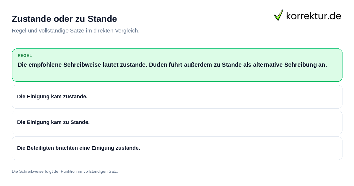 Konkrete Regel und vollständige Beispielsätze zu Zustande oder zu Stande
