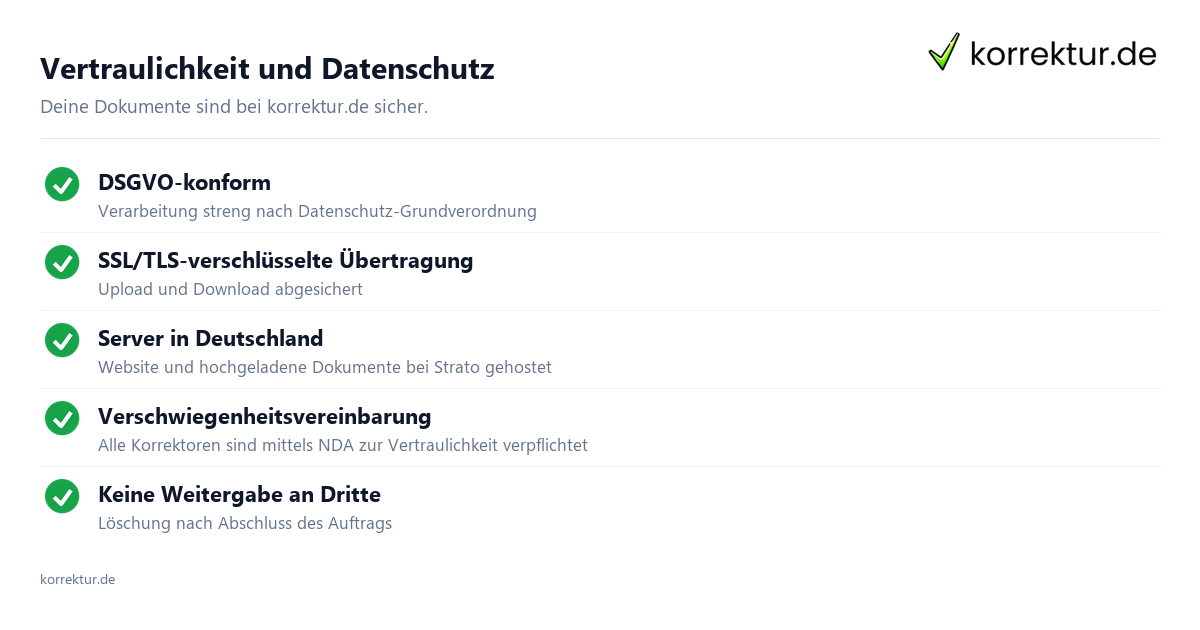 Vertraulichkeit & Datenschutz: DSGVO, SSL/TLS, Server in Deutschland, alle Lektoren per NDA